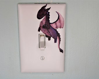 flying cute purple dragon cartoon prince princess room decor unique custom printed in color light switch plate cover durable fairytale theme