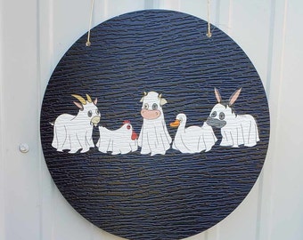 Halloween Ghosts Farm Animals Goat Donkey Goat Duck Chicken Dress Up Trick or Treat PVC Weather Proof Printed Doorhanger Outdoor Cute