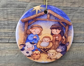 Nativity Printed Ceramic Ornament with Farm Animals