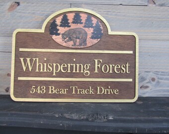 Custom Address Sign Private Drive Bear Cabin Woodsy Pine Trees 3D Raised Contoured Shape Handmade Commerical Signage Directional Wooden
