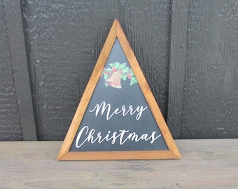 Merry Christmas Bell Holly Christmas Decor Handmade Printed Layered Sign Triangle Rustic Home decor Unique
