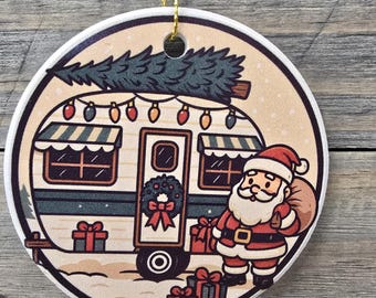 Santa in a Camper RV Ceramic Ornament Printed for Christmas Tree