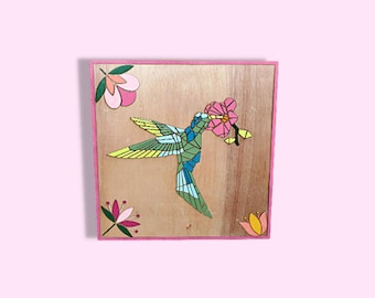Hummingbird Wooden Mosaic Wall Art, 3D Layered Wood Sign, Home Decor, Nature Art, Spring Wall Decor, Unique Gift for Bird Lover, Garden Art