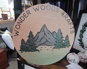 Small Business Crafts Crafter Outdoors Logo Round Hanging Sign Booth Custom Personalized Wall Art Color Wood Print Small Business Mountains