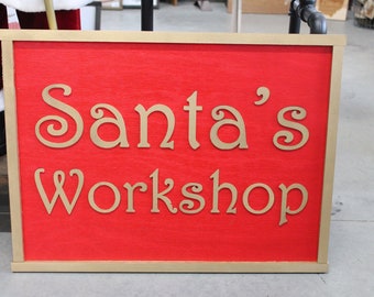 Santas Workshop Rectangle Raised Wooden 3D Sign Christmas Sign Seasonal Red Handmade Novelty Decor