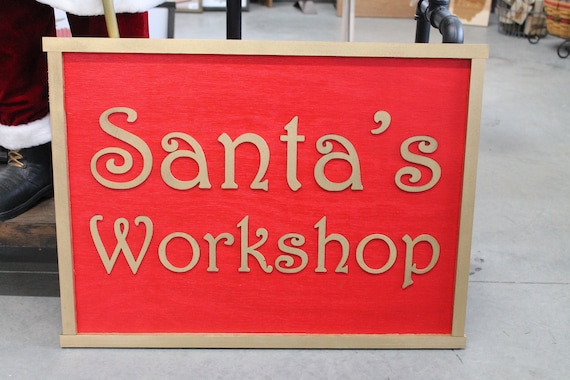 Santas Workshop Rectangle Raised Wooden 3D Sign Christmas Sign Seasonal Red Handmade Novelty Decor