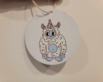 Yeti Abominable Cute Cartoon Festive Cryptic Ornament Collector Mythical Printed Keychain Giftable Gift for Him Gift for her Wooden