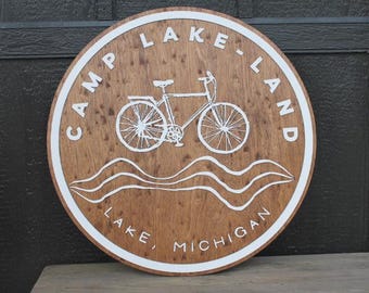 Round Custom Business Sign Wood and White Bike Bicycle Camp Signage Outdoors Hiking Lake Camping 3D Raised Layered Sign