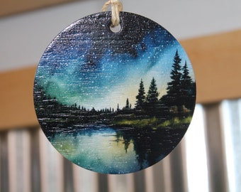 Night scene Lake Image Woods Camping Star Forest Explore Ornament Printed Keychain Giftable Gift for Him Gift for her Wooden