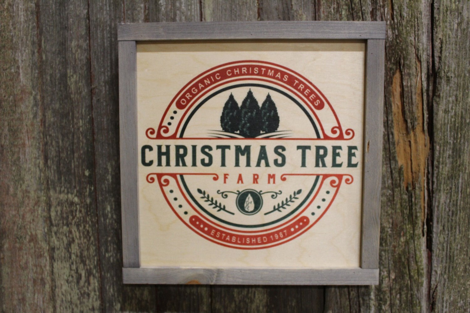 Framed Organic Christmas Tree Wood Sign Pallet Sign Red and Green