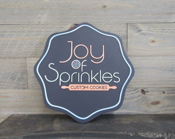 Large Bottle Cap Shape Round Scalloped Sprinkles Cookie Co Sign Business Shop Bakery Commercial Signage 3D Raised Text Logo XL Wood Handmade