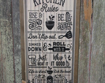 Kitchen Rules Wood Sign  Shiplap Silly Funny Pun Don't Flip Out Eat it or Starve Whip It Good Wall Art Farmhouse Primitive Rustic Text Large