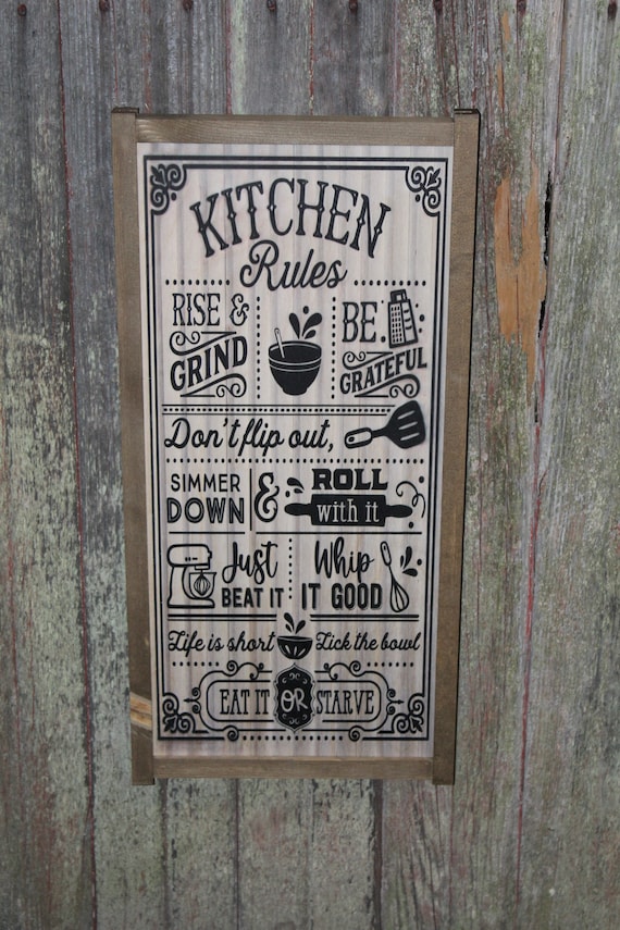 Kitchen Rules Wood Sign  Shiplap Silly Funny Pun Don't Flip Out Eat it or Starve Whip It Good Wall Art Farmhouse Primitive Rustic Text Large