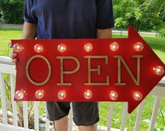 Marquee Sign, Open arrow lit entrance Light  Electric, Retro Sign, 1950s, Wood, Wooden, 3D, Interior Exterior, outdoor, Business Sign