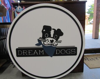Custom Wood Sign Dog Puppy Bandana Cute Round Business Commerical Signage Made to Order Store Front Small Shop Logo Circle Wooden Handmade