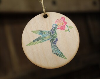 Barn Quilt Hummingbird Ornament Wood Slice Geometric Bird with Flower Pastel Christmas Tree Primitive Rustic Farmhouse
