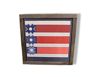 Printed & Framed Barn Quilt • Patriotic Americana Wall Art • Modern Quilt‑Style Flag Decor