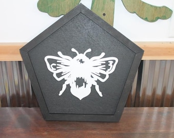 Pentagon Bee Wall Art Black Wood Sign with White Insect Silhouette Modern Rustic Bee Décor Handmade Gothic Honeybee Plaque