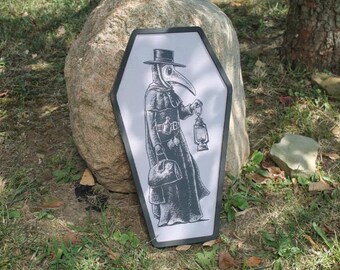 Plaque Doctor Mask in a Coffin Halloween Spooky Porch Prop Wooden Decor Fall Decoration Sign Haunted Grave Yard Theme Wall Hanging Medieval