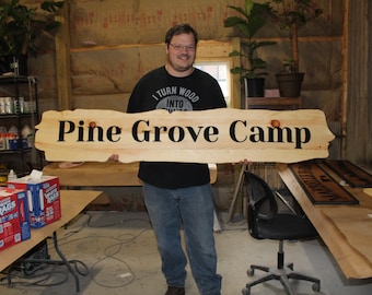 Large Oversized Camp Mock Live Edge Business Pine Grove 3D Laser Cut Router Natural Raised off the Board Indoor Outdoor Store Front Wood
