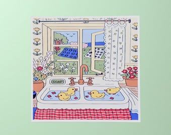 Whimsical Kitchen Sink Sign – Retro Duck‑Filled Sink with Flowers, Window View, and Cozy Cottage Details for Cute Vintage Home Decor