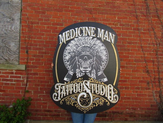 Extra Large Medicine Man Tattoo Studio Sign Raised Text 3D Skull Indian Custom Logo Goth Tribal Classic Western Wooden Personalized Business