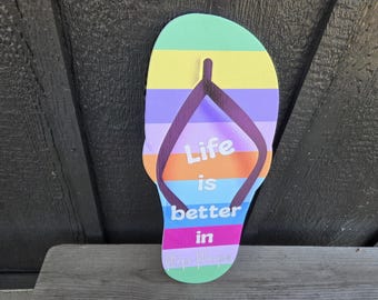 Flip Flop Life Woodgrain PVC Sign: Beach House Decor