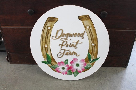 Custom Sign Round Horse shoe Dogwood Flowers Farm Homestead Business Signage  Made to Order  Logo Circle Wooden Handmade