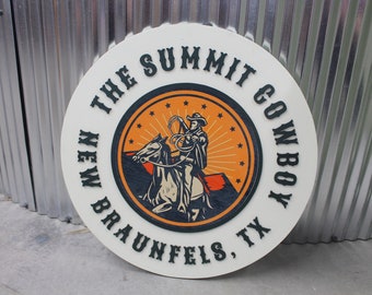 Cowboy Western Country Rope Texas Handmade Logo Custom Round Sign Printed and Raised Letters Laser Cut Personalized Commerical Signage