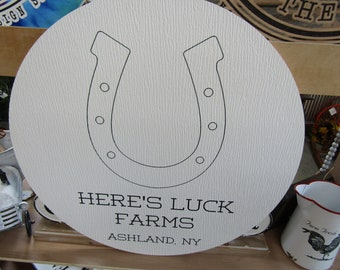 Custom Weatherproof PVC Sign Horseshoe Luck Farms Textured Personalized Circle Round Ready for your Business Logo Wall Hanging Or Mounted