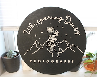 Photographer Sign, Daisy, Floral, Mountain, Photography, Custom, Business Sign, Small Business, 3D, Raised Text, Round, Outline, Line Art
