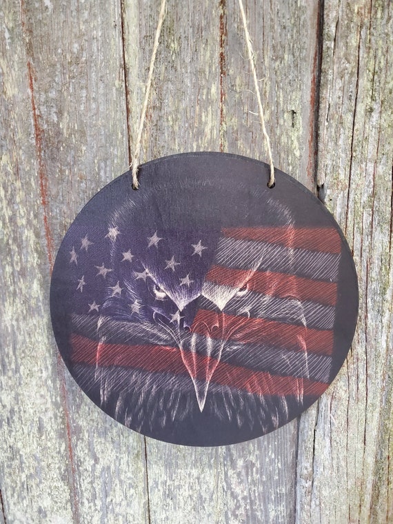 American Eagle American Flag Face Image Military  Wood Door Hanger Round Front Door Entry Way Decor Plaque Wall Art Wood Print