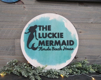 Custom Sign Round Business Commerical Signage Mermaid Mint Made to Order Co Store Front Beach House Small Shop Logo Circle Wooden Handmade
