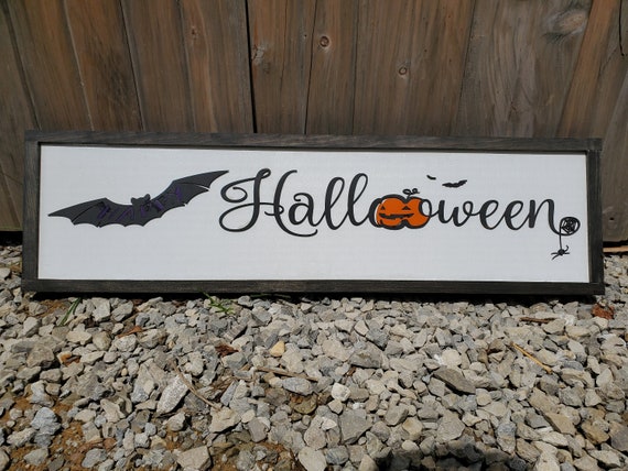 Happy Halloween Sign, Bat, Pumpkin, Spider,  Decor, Wall, Wood, 3D, Handmade, Laser Cut, Primitive, Rustic, Raised Graphic Decoration