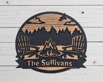 Custom Campfire Engraved Wooden Sign - Stained with Black Painted Accents – Cabin Decor – Personalized Family Name Gift