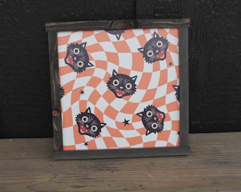 Black Cat Trippy Halloween Orange Cat Faces Fall Autumn Spooky Home Decor Printed Framed Design Wall Art