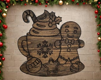 Gingerbread and Hot Cocoa Engraved Wooden Sign – Christmas Wall Art – Rustic Holiday Home Decor Gift