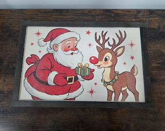 Santa and Rudolph Christmas Sign Cute Holiday Wall Decor Framed Santa Claus Reindeer Art Festive Kids Room Christmas Decoration Christmas