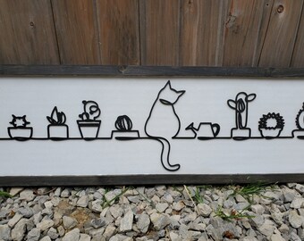 Cat, Cactus, Plants, Kitten, Silhouette, Western, Line Art, 3D, Raised Text Sign, Rustic, Farmhouse, Shabby Chic, Wood, White and Black