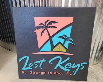 Custom Sign Beach Keys Palm Trees Retro Square Business Commerical Signage 3D Made to Order Co Store Front Small Shop Logo Wooden Handmade