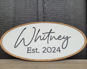 Personalized Family Name Sign Custom Oval Wood Sign with Last Name & Established Year Wedding or Housewarming Gift Whitney Est. 2024