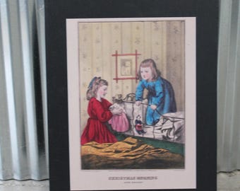 Christmas Morning Antique Painting Reproduction Wood Sign Wall Art Holiday Vintage Kids Faux Frame Printed Decor Mantle