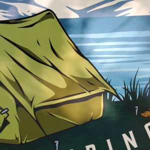 May include: A green camping tent with a brown dog sitting in the grass next to a lake. The text "Log Cabin" is written in cursive on the sign.