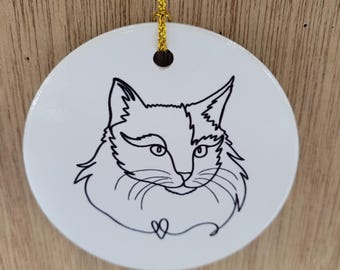 Cat Ceramic Ornament Line Drawing Kitten Kittie Fluffy Feline Christmas Tree Hanging Decorative