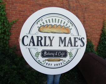 Custom Bakery & Cafe Sign Round Sign Your Logo 3D Cut letters Images Rolling Pin Kitchen Bread Dough Eatery Store Front Large Size Wood Sign