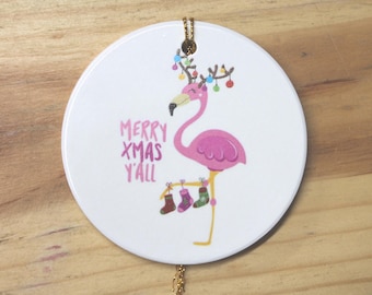 Merry Xmas Y’all Flamingo Ornament – Beachy Ceramic Christmas Tree Decor