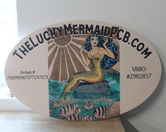 Custom Oval Sign PVC Smooth Weatherproof Water Proof Mold resistant UV ink Printed Mermaid BNB Address Commerical signage Outdoor