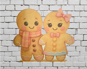 Gingerbread Couple Printed Wood Cutout – Holiday Christmas Decor – Cute Cookie Wall Art or Gift