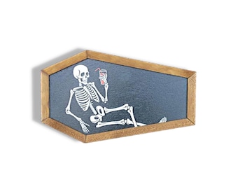UV Printed Skeleton Coffin Sign • Gothic Humorous Wall Art • Dark Aesthetic Spooky Wood Decor