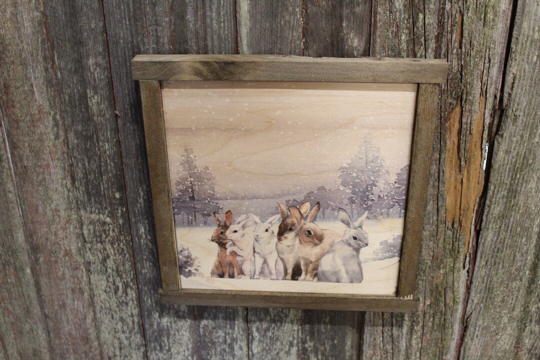 Bunny Framed Winter Scene Rabbit Hare Winter Snow Forest Scenery Rustic ...